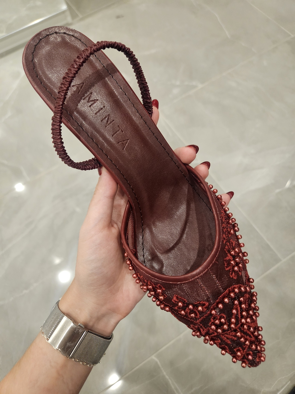 Minta Women's Beaded Pointed-Toe Slingback Flats - Wine